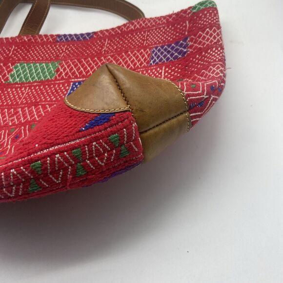 Woven Handmade Multicolor Boho Vegan Leather Trim Tote Bag - Picture 8 of 12